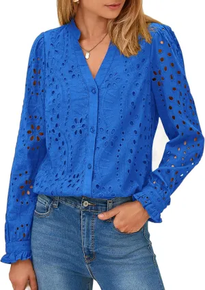 PRETTYGARDEN Women's Eyelet Tops 2025 Spring Dressy Casual Blouses Lace Long Sleeve Button V Neck Shirts