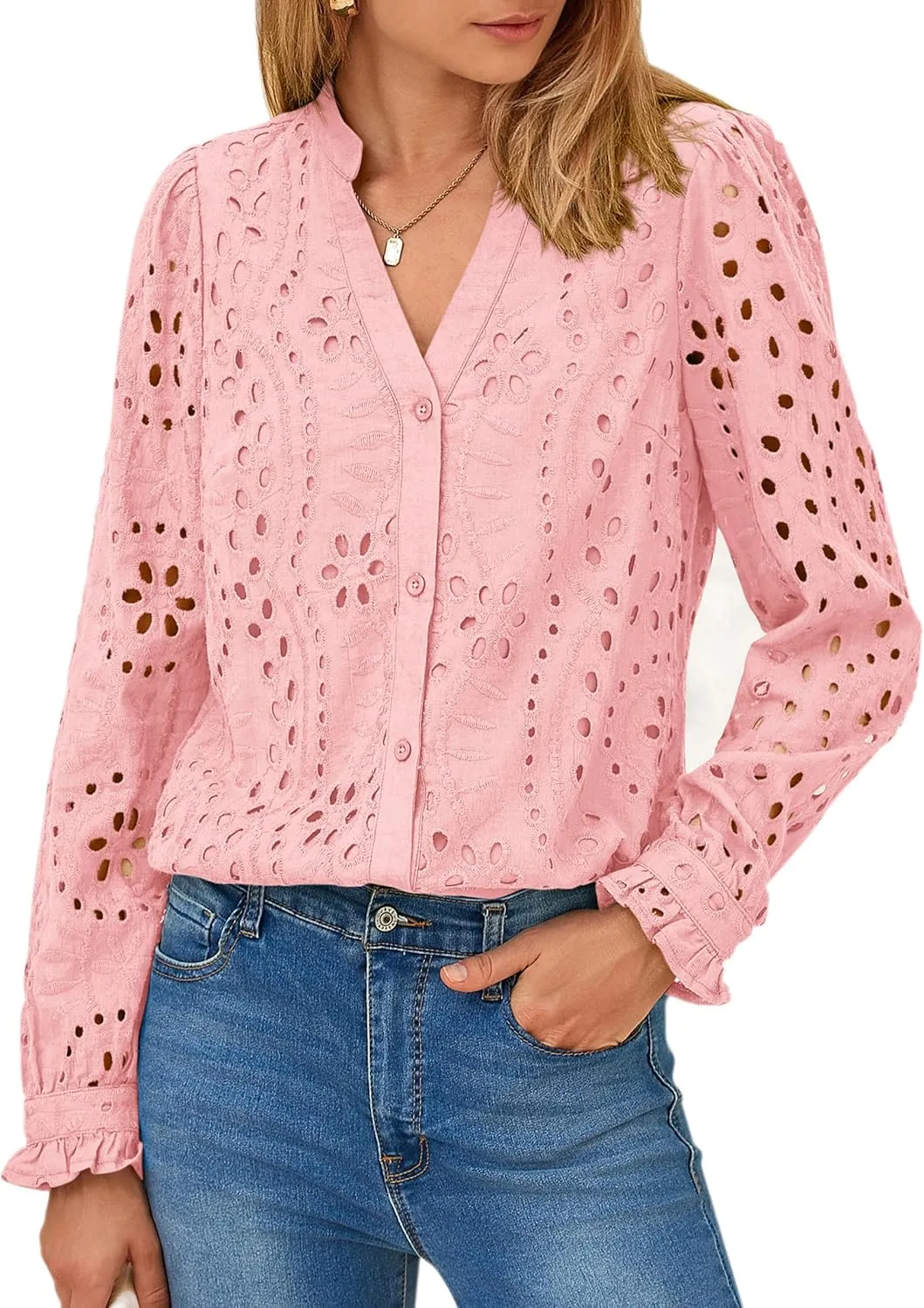 PRETTYGARDEN Women's Eyelet Tops 2025 Spring Dressy Casual Blouses Lace Long Sleeve Button V Neck Shirts