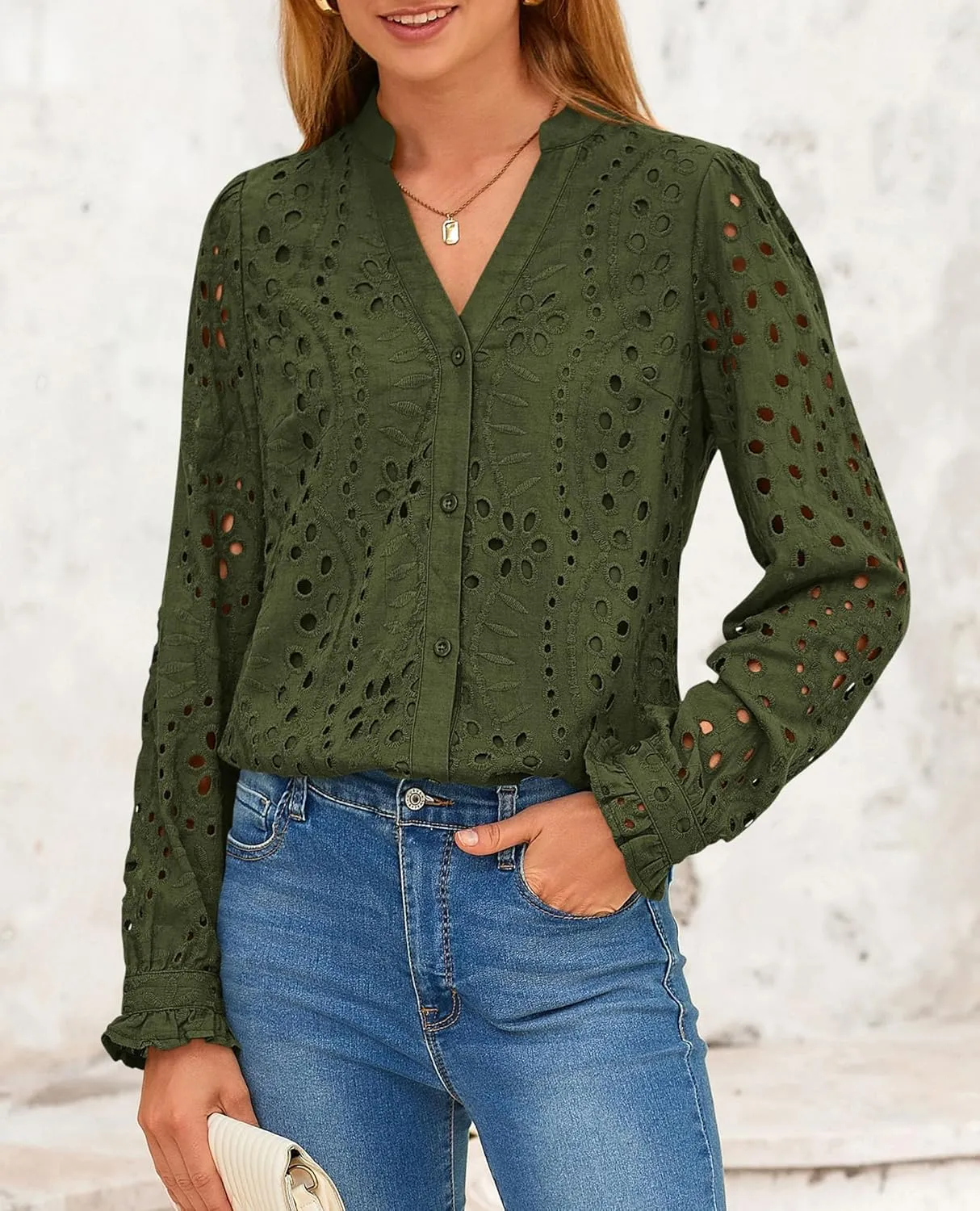 PRETTYGARDEN Women's Eyelet Tops 2025 Spring Dressy Casual Blouses Lace Long Sleeve Button V Neck Shirts