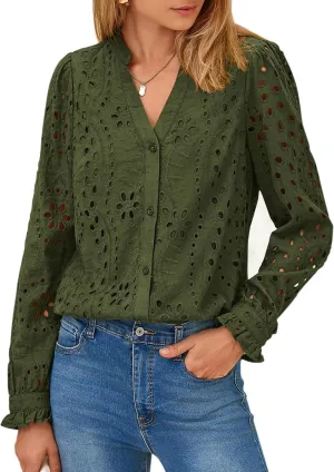 PRETTYGARDEN Women's Eyelet Tops 2025 Spring Dressy Casual Blouses Lace Long Sleeve Button V Neck Shirts