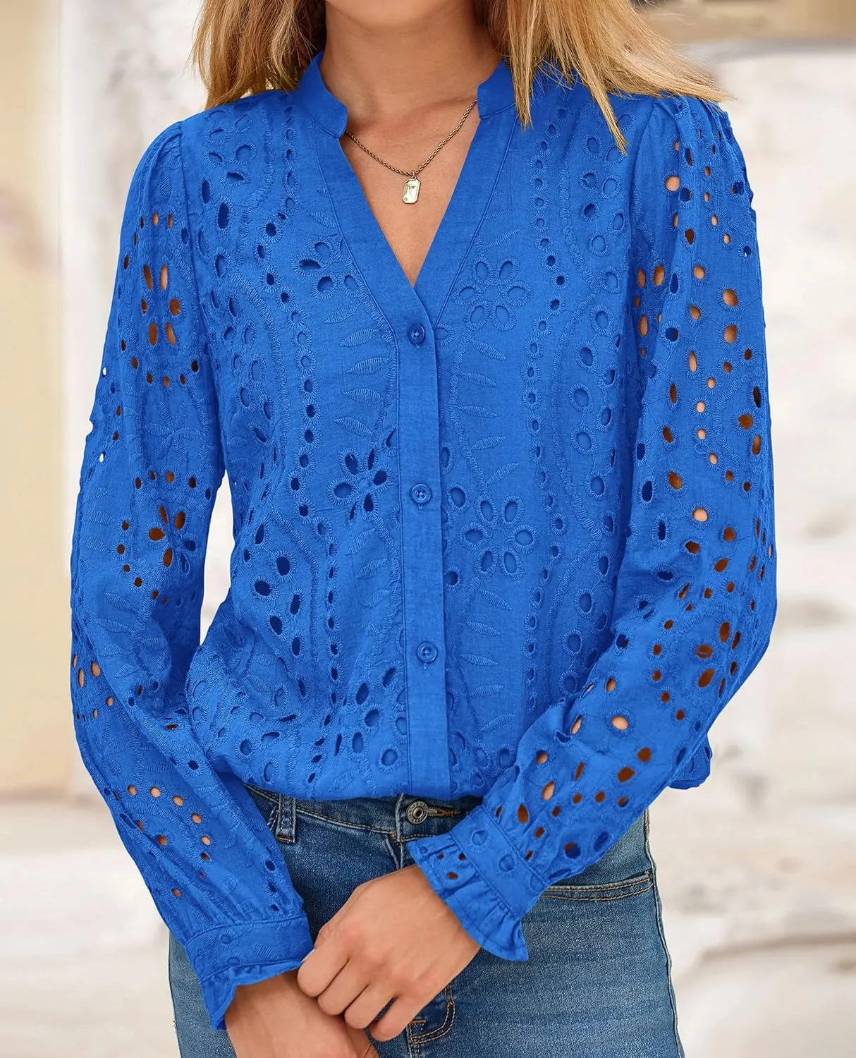PRETTYGARDEN Women's Eyelet Tops 2025 Spring Dressy Casual Blouses Lace Long Sleeve Button V Neck Shirts