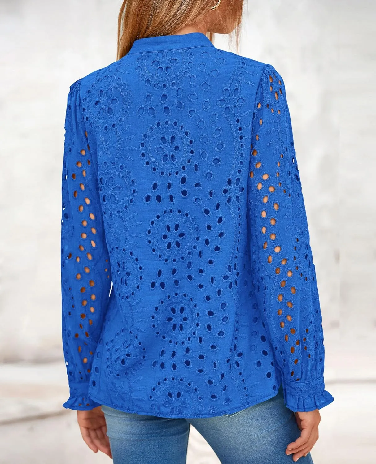 PRETTYGARDEN Women's Eyelet Tops 2025 Spring Dressy Casual Blouses Lace Long Sleeve Button V Neck Shirts