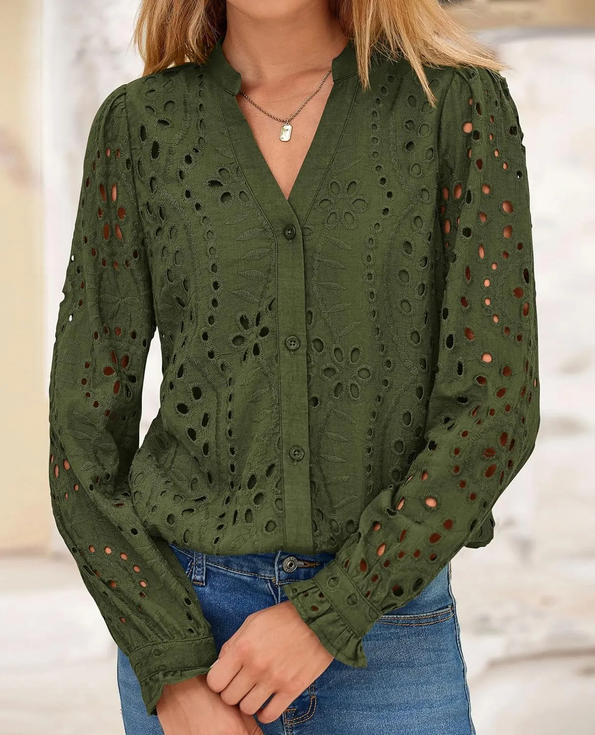 PRETTYGARDEN Women's Eyelet Tops 2025 Spring Dressy Casual Blouses Lace Long Sleeve Button V Neck Shirts