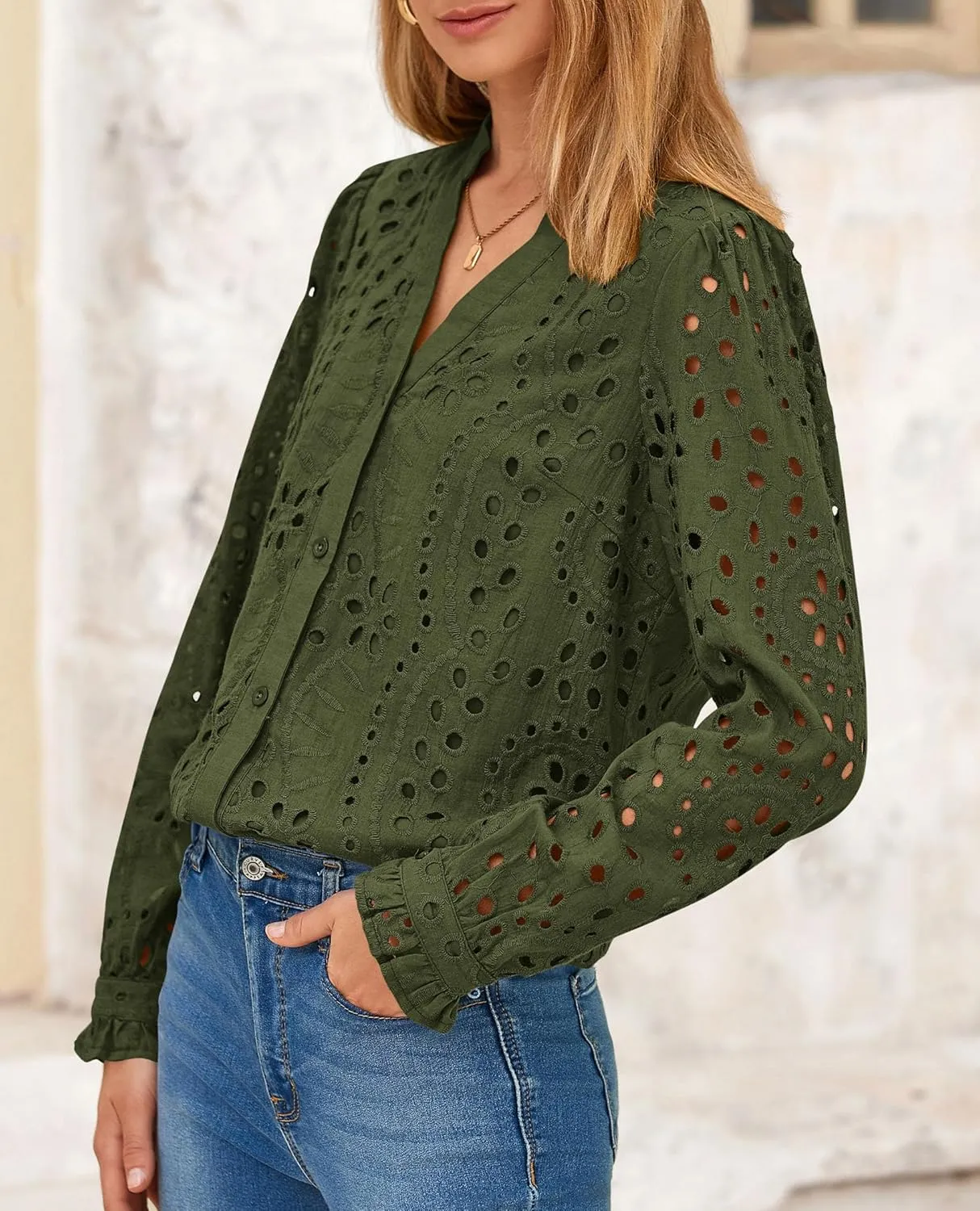 PRETTYGARDEN Women's Eyelet Tops 2025 Spring Dressy Casual Blouses Lace Long Sleeve Button V Neck Shirts