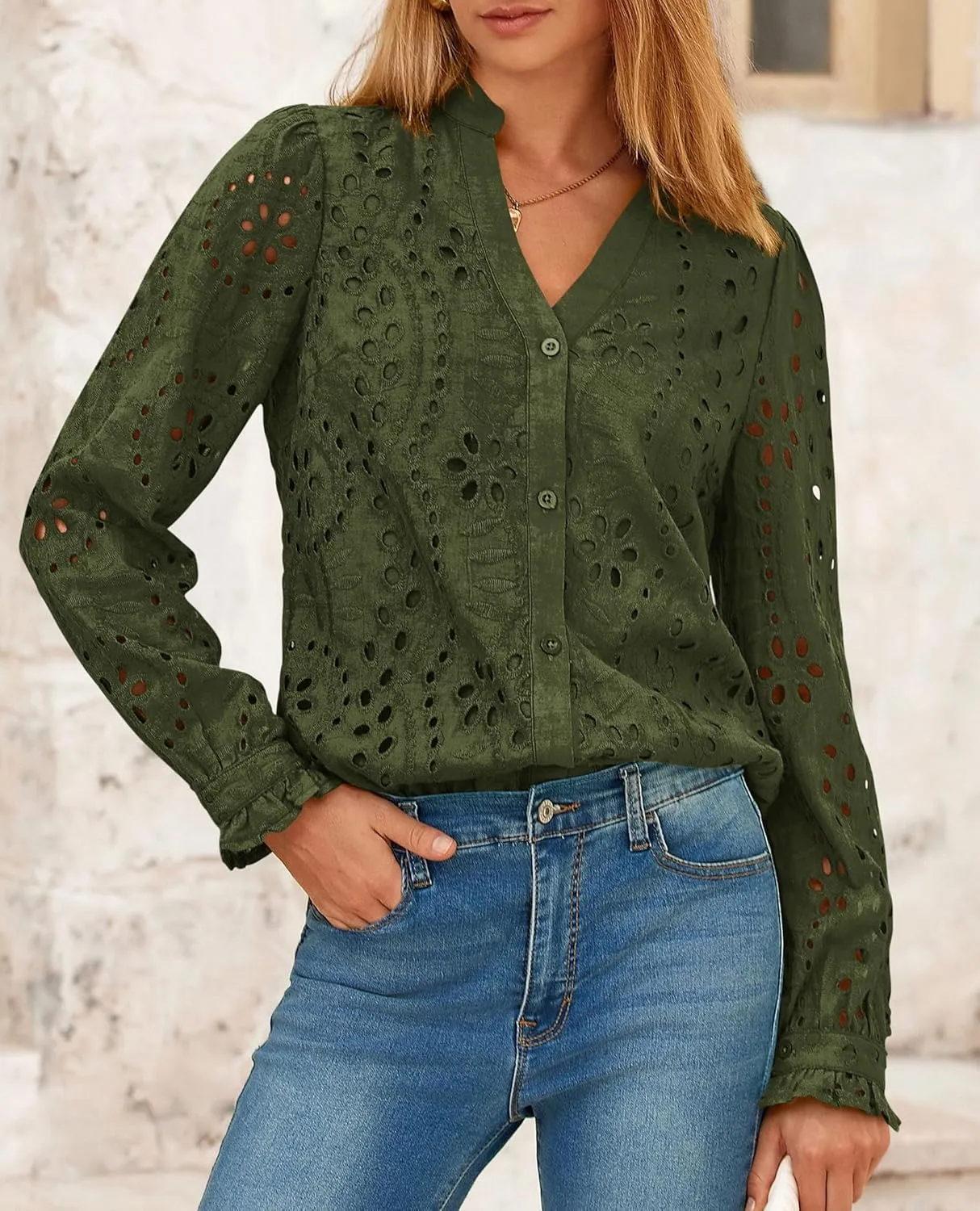 PRETTYGARDEN Women's Eyelet Tops 2025 Spring Dressy Casual Blouses Lace Long Sleeve Button V Neck Shirts