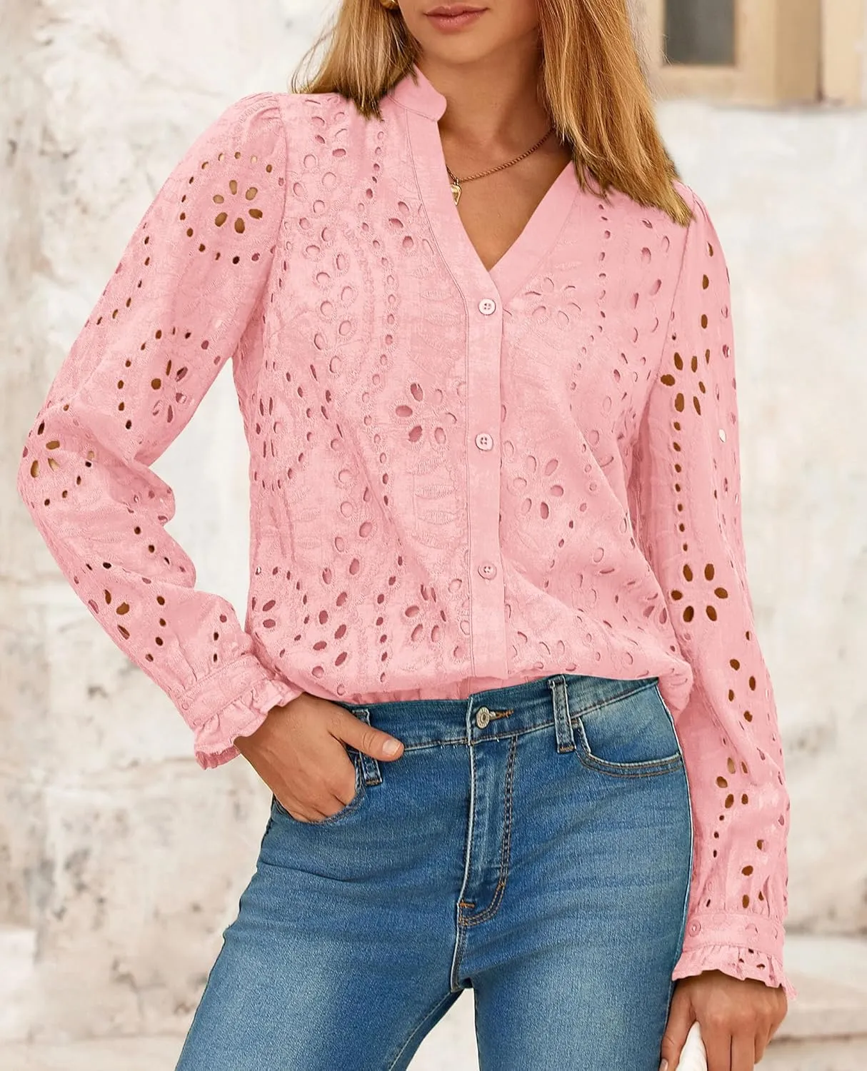 PRETTYGARDEN Women's Eyelet Tops 2025 Spring Dressy Casual Blouses Lace Long Sleeve Button V Neck Shirts