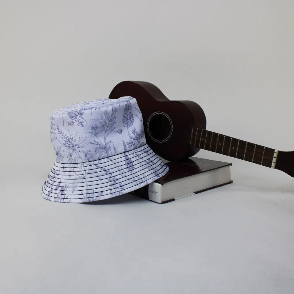 Simple Botany Flowers Herbs White Blue Bucket Hat