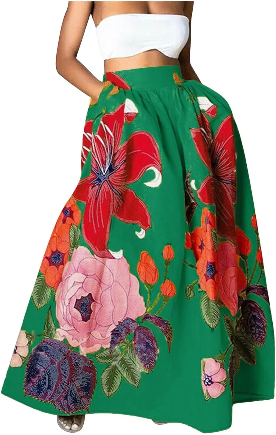 Skirts for Women Floral Print High Waist Maxi Skirt Casual Loose Flowy Boho Party Long Women's Skirts with Pocket