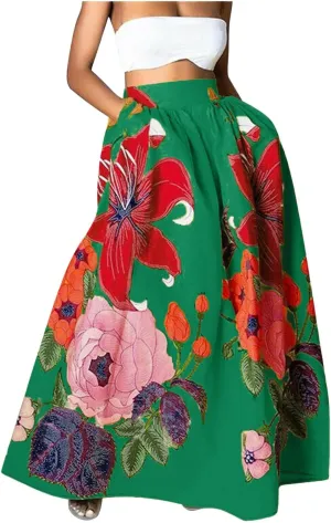 Skirts for Women Floral Print High Waist Maxi Skirt Casual Loose Flowy Boho Party Long Women's Skirts with Pocket