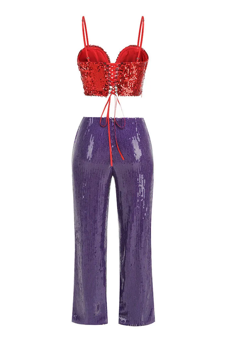 Sparkly Sequin Rosette Crop Top High Rise Zip Up Two Piece Party Pant Set