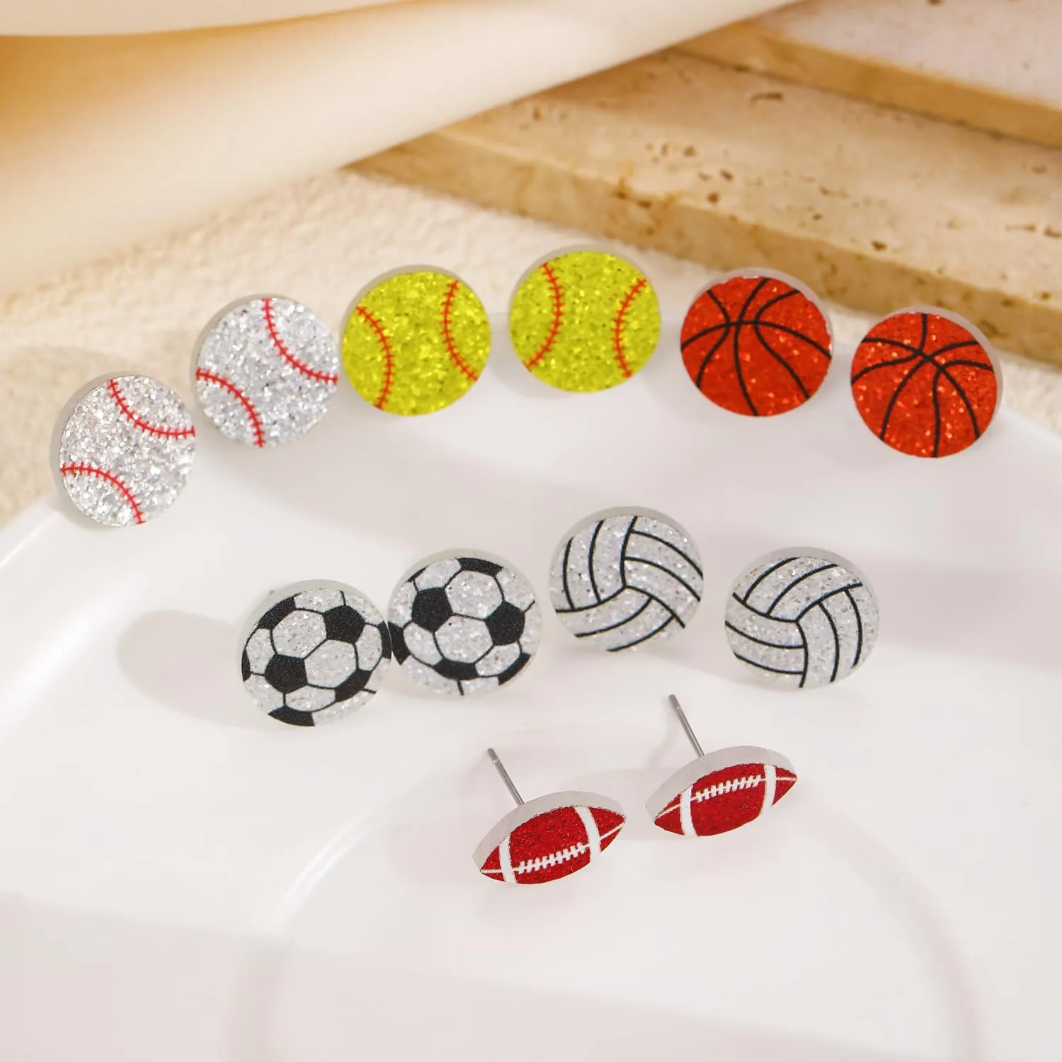 Sports Ball Stud Earrings/Sparkly Glitter Ball Game Ball Shaped Baseball Basketball Volleyball Rugby Earrings for Women Sports Lover Gift
