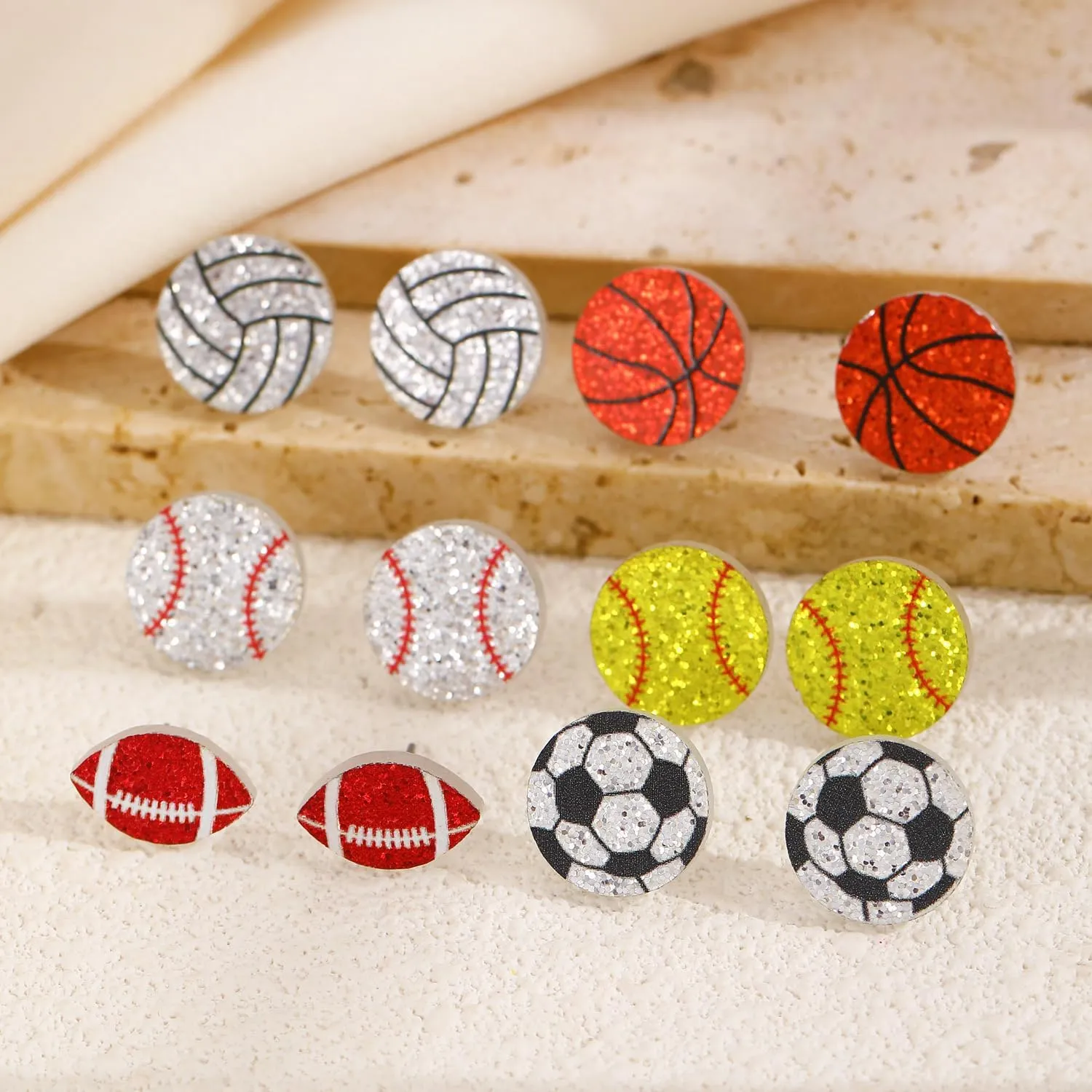 Sports Ball Stud Earrings/Sparkly Glitter Ball Game Ball Shaped Baseball Basketball Volleyball Rugby Earrings for Women Sports Lover Gift