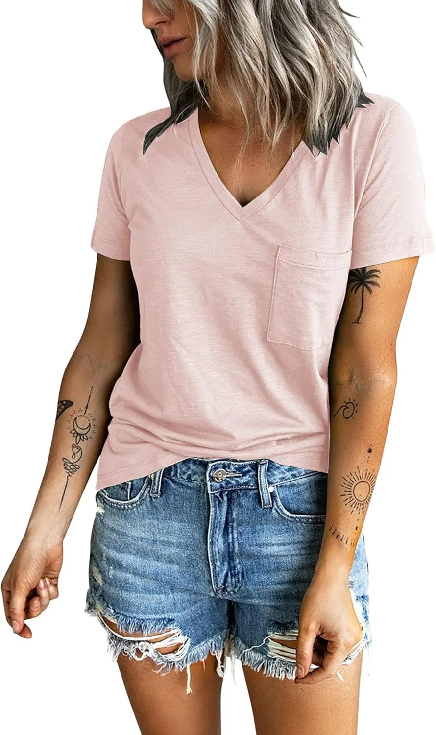 Sunborui Women's Summer Short Sleeve V Neck T Shirts Pocket Solid Loose Casual Tee Tops
