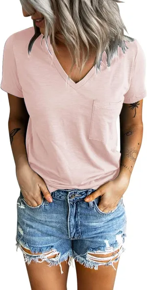 Sunborui Women's Summer Short Sleeve V Neck T Shirts Pocket Solid Loose Casual Tee Tops