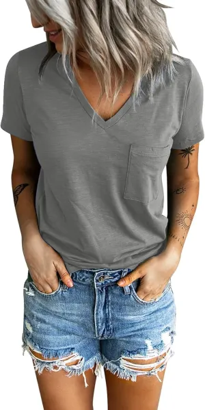 Sunborui Women's Summer Short Sleeve V Neck T Shirts Pocket Solid Loose Casual Tee Tops