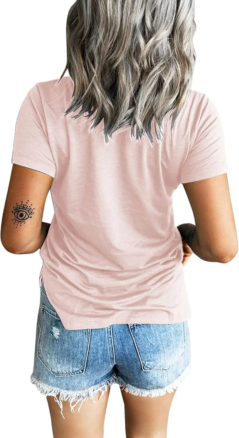 Sunborui Women's Summer Short Sleeve V Neck T Shirts Pocket Solid Loose Casual Tee Tops