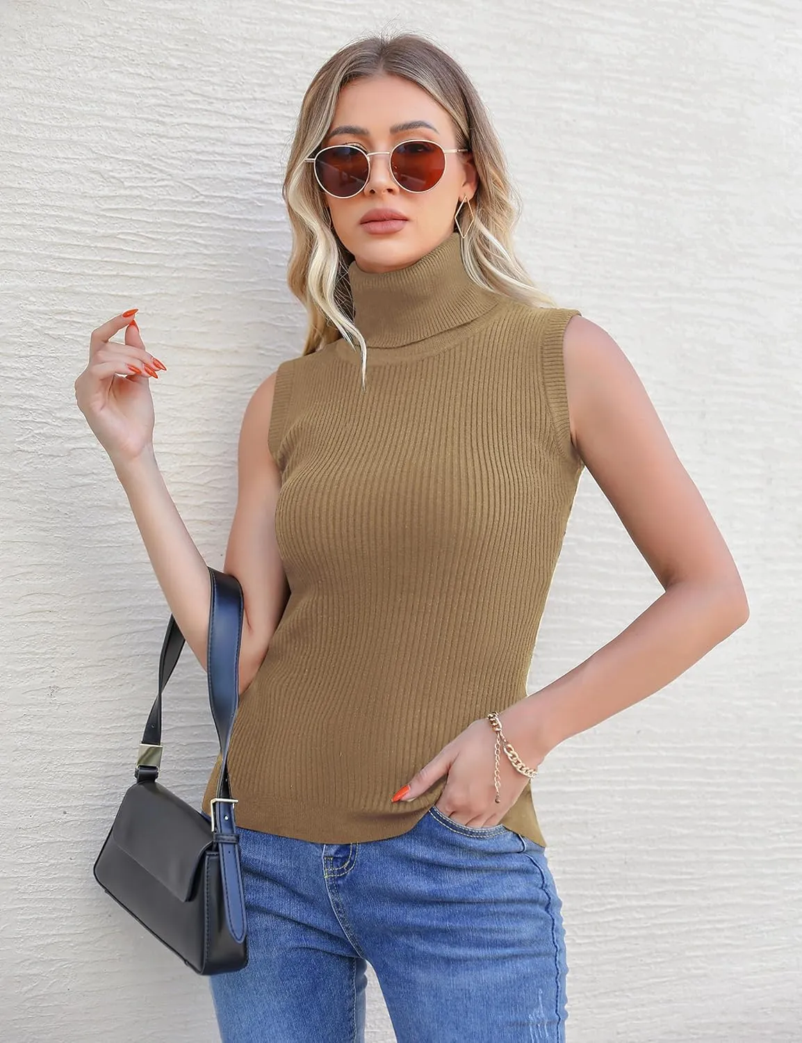 Totatuit Women's Spring Sleeveless Turtlenecks Tops Mock Neck Ribbed Solid Pullover Tank