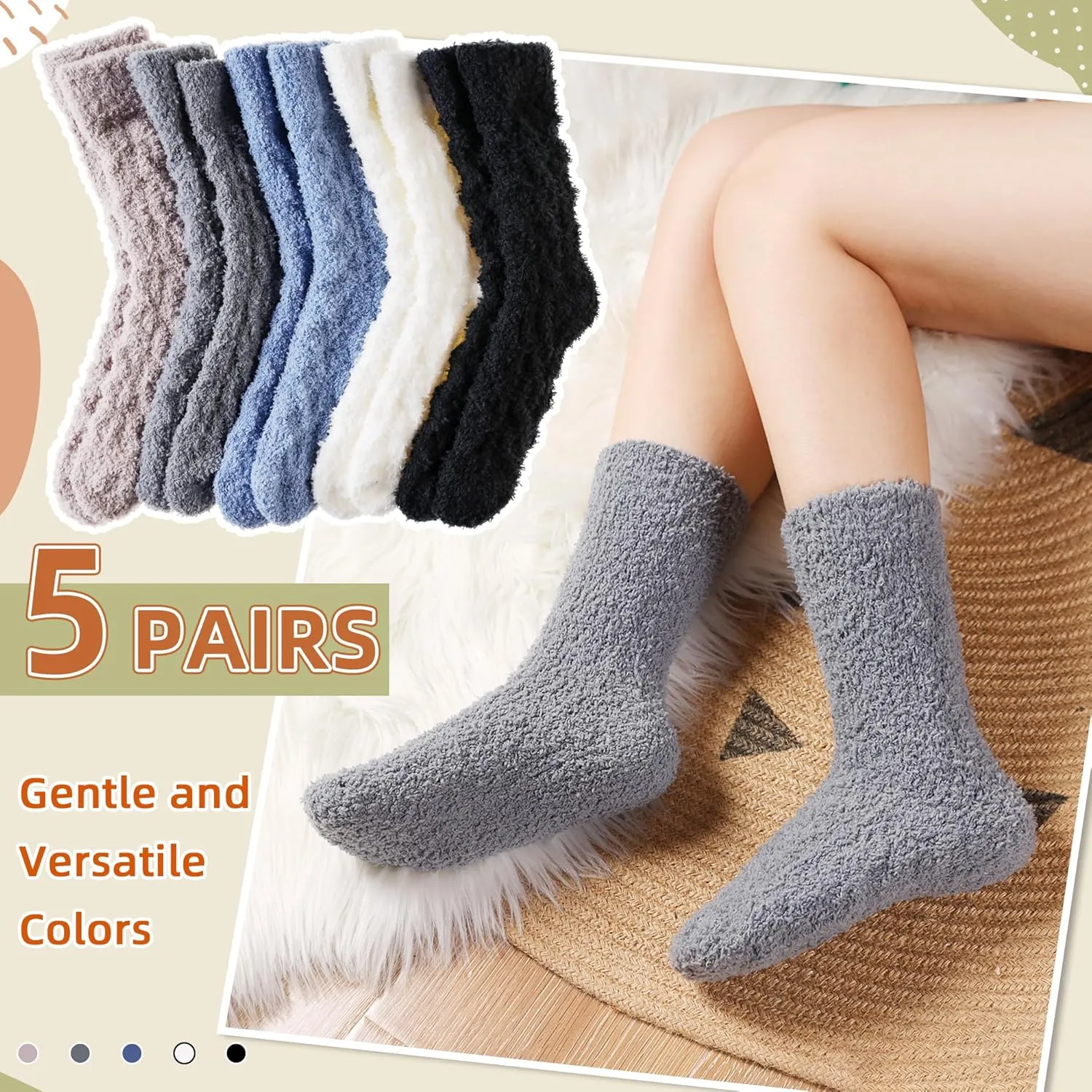 Velice Womens Fuzzy Socks Soft Cozy Fluffy Slipper Socks Winter Warm Plush Sleeping Christmas Socks 5 Pairs
