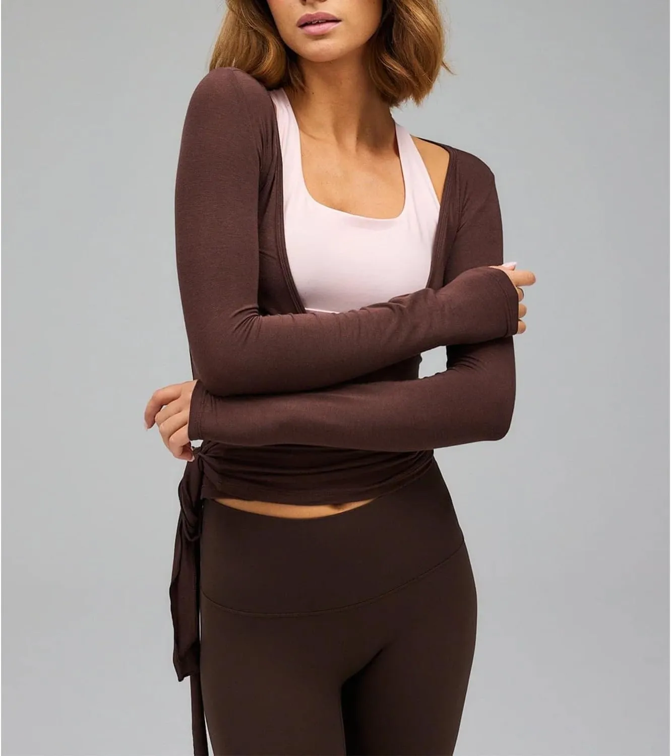 Women Ballet Wrap Top Y2K Long Sleeve Cross Tie Side Yoga Crop Top Deep V Neck Pilates Shirt Solid Workout Blouse