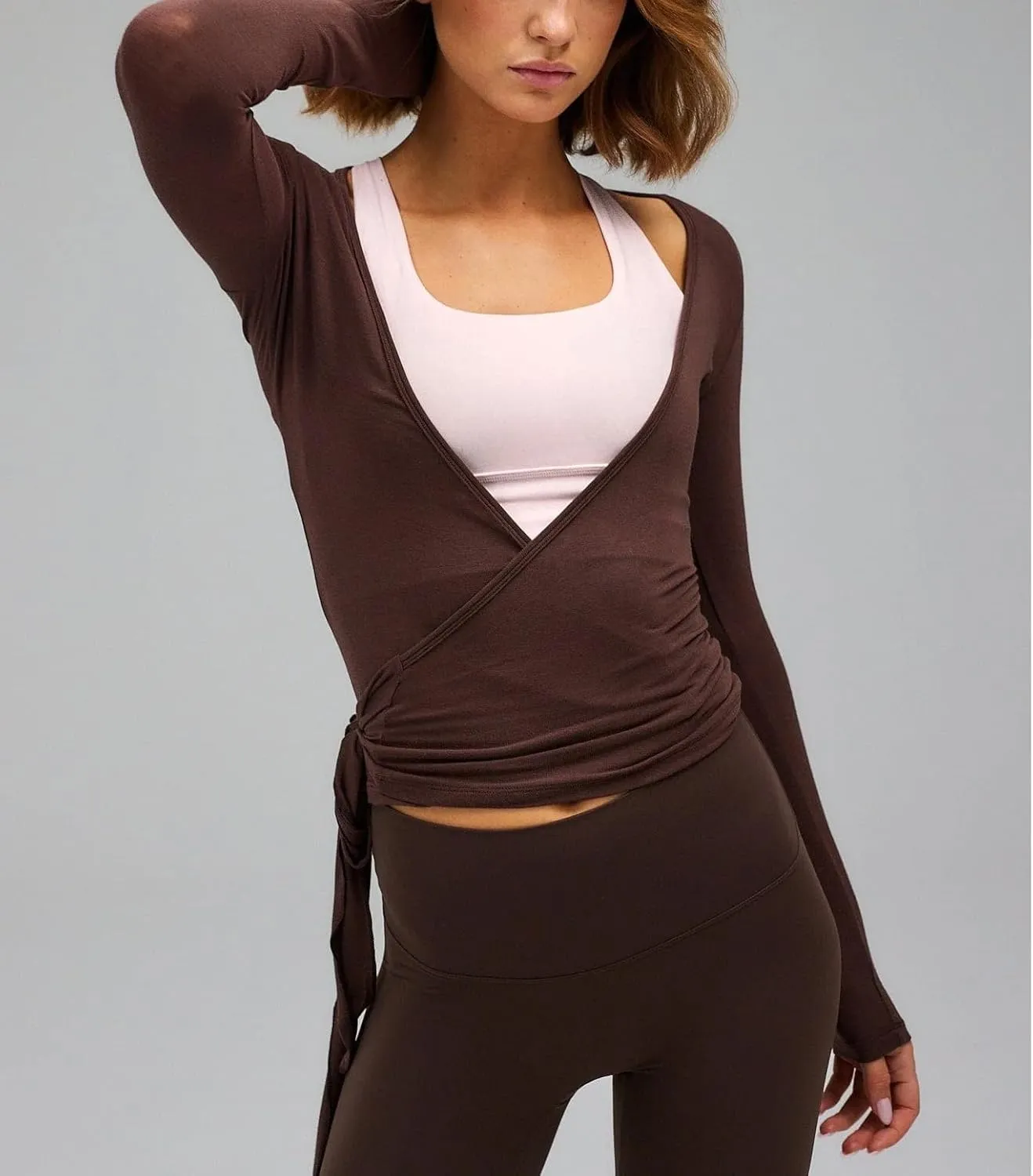 Women Ballet Wrap Top Y2K Long Sleeve Cross Tie Side Yoga Crop Top Deep V Neck Pilates Shirt Solid Workout Blouse