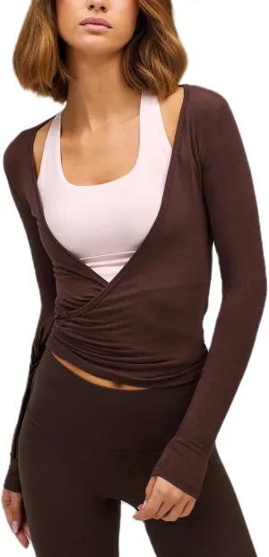 Women Ballet Wrap Top Y2K Long Sleeve Cross Tie Side Yoga Crop Top Deep V Neck Pilates Shirt Solid Workout Blouse