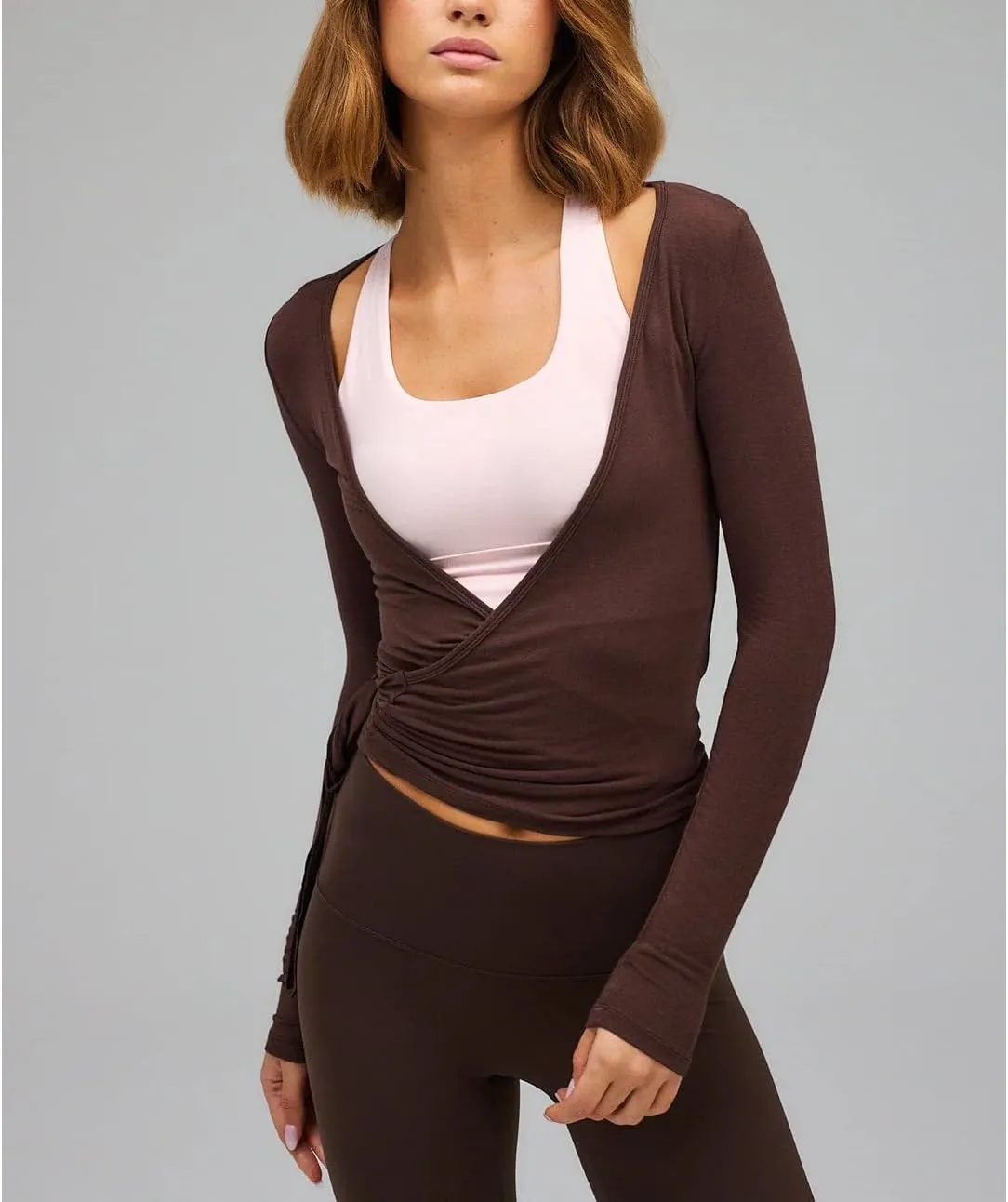 Women Ballet Wrap Top Y2K Long Sleeve Cross Tie Side Yoga Crop Top Deep V Neck Pilates Shirt Solid Workout Blouse