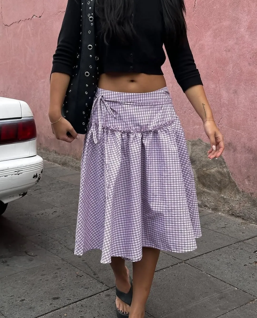 Women Plaid Midi Wrap Skirt Self Tie Waist Gingham Long Skirts Drop Waist Flowy A Line Maxi Skirt Vintage Summer Skirts