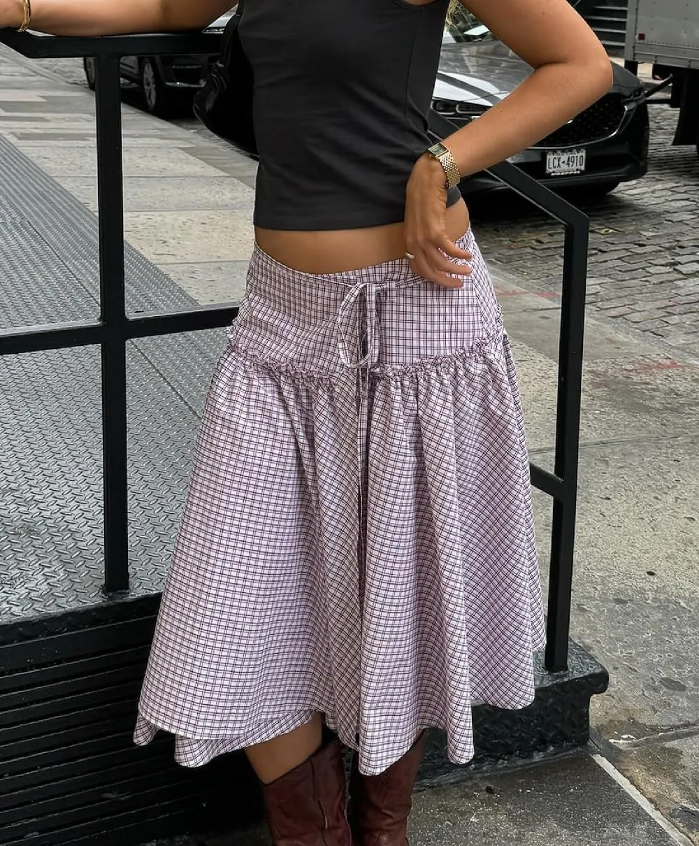 Women Plaid Midi Wrap Skirt Self Tie Waist Gingham Long Skirts Drop Waist Flowy A Line Maxi Skirt Vintage Summer Skirts