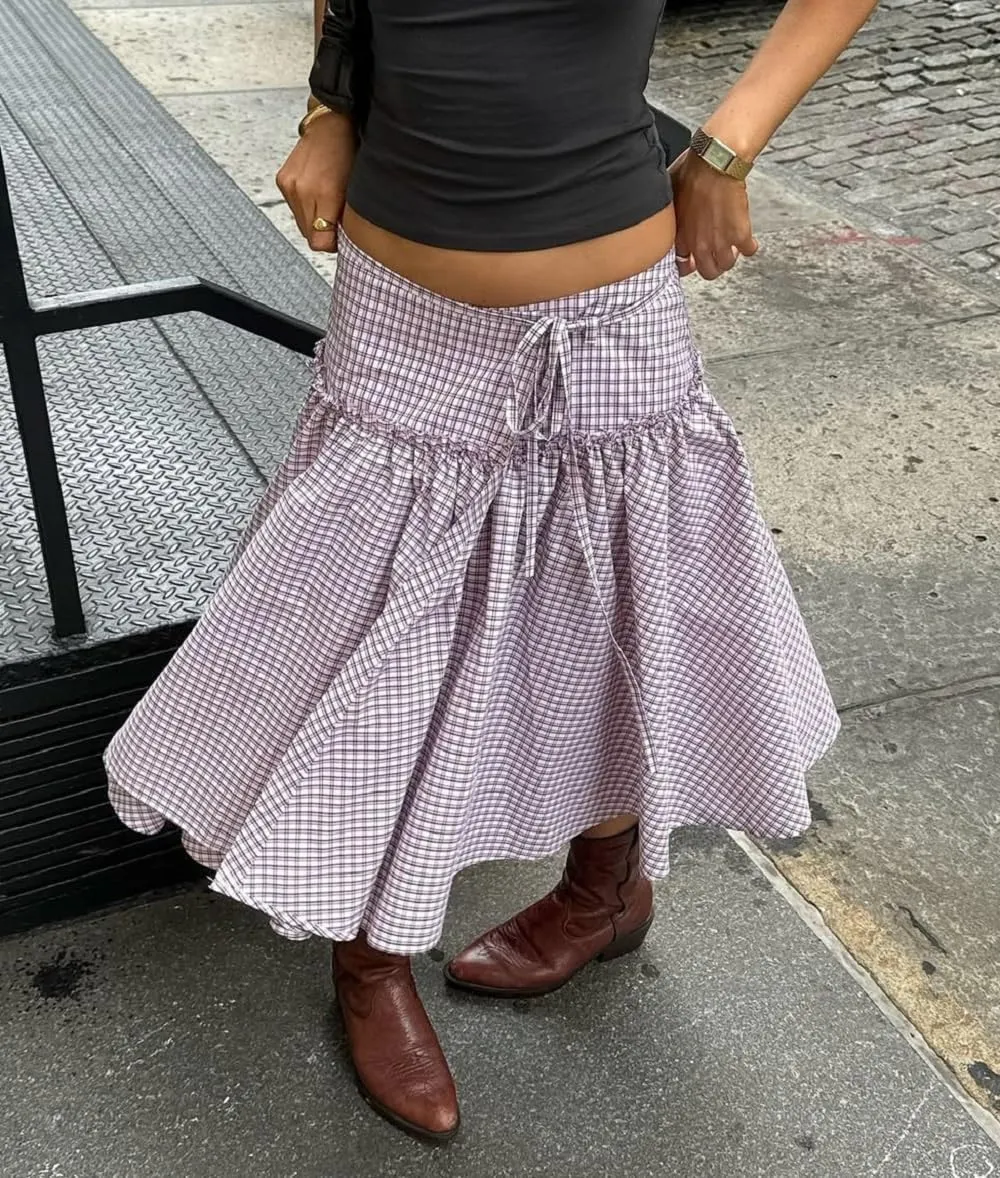 Women Plaid Midi Wrap Skirt Self Tie Waist Gingham Long Skirts Drop Waist Flowy A Line Maxi Skirt Vintage Summer Skirts