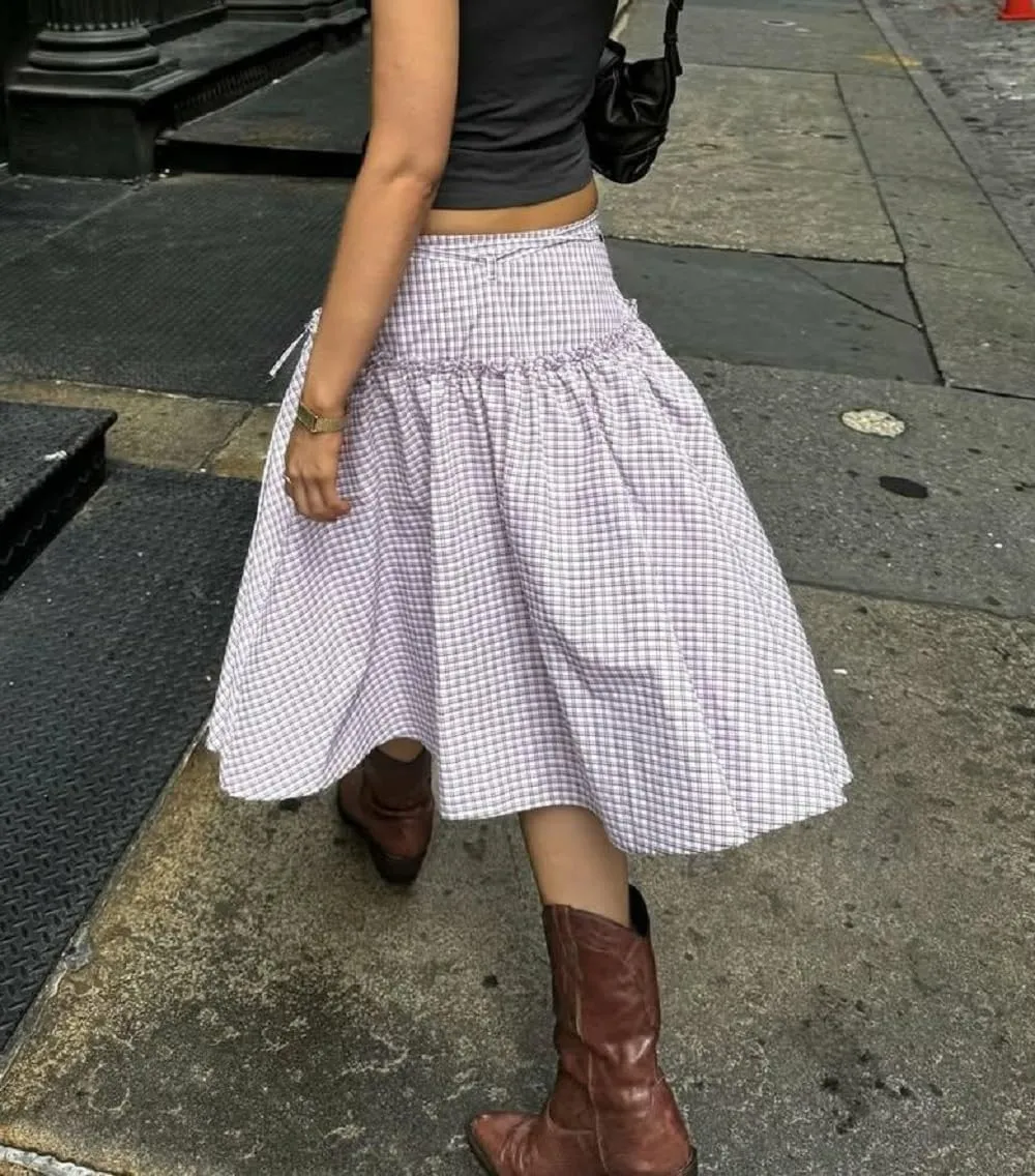 Women Plaid Midi Wrap Skirt Self Tie Waist Gingham Long Skirts Drop Waist Flowy A Line Maxi Skirt Vintage Summer Skirts