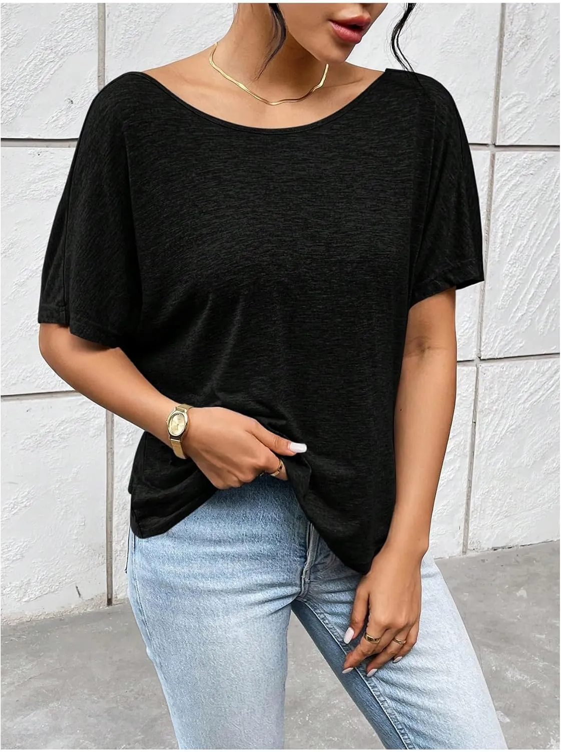 Women's Backless Twist Knot T Shirt Oversized Solid Short Sleeve Tees Open Back Asymmetrical Hem Casual Tops
