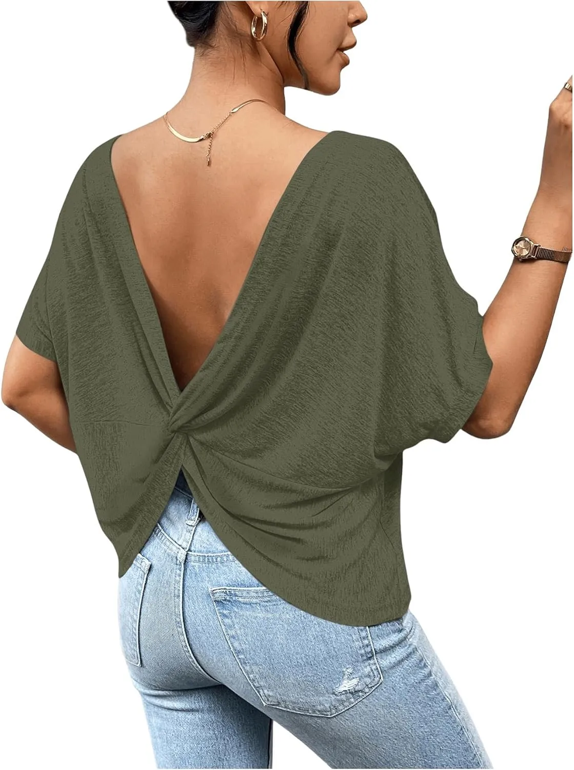 Women's Backless Twist Knot T Shirt Oversized Solid Short Sleeve Tees Open Back Asymmetrical Hem Casual Tops