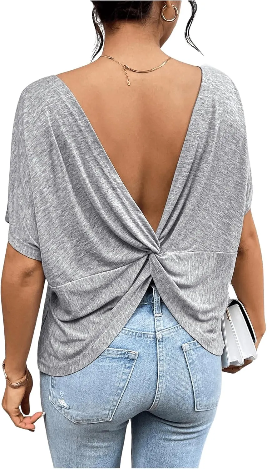 Women's Backless Twist Knot T Shirt Oversized Solid Short Sleeve Tees Open Back Asymmetrical Hem Casual Tops