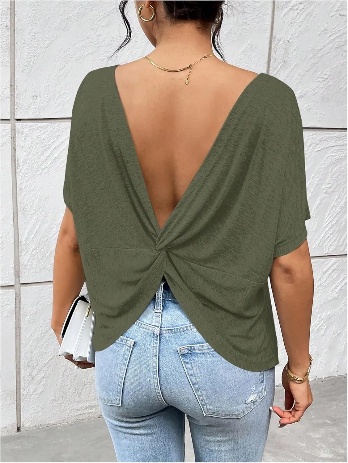 Women's Backless Twist Knot T Shirt Oversized Solid Short Sleeve Tees Open Back Asymmetrical Hem Casual Tops