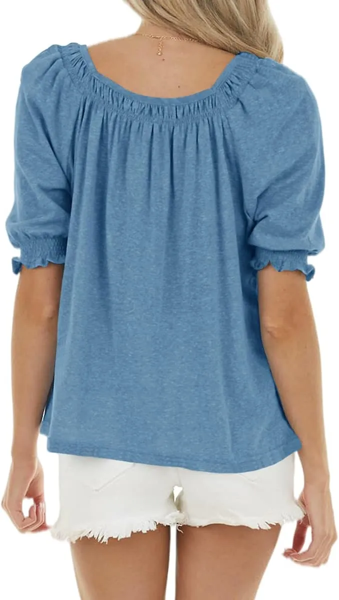 Womens Casual Square Neck Puff Half Sleeve Tops Pleated Loose Basic Summer T Shirts Blouses
