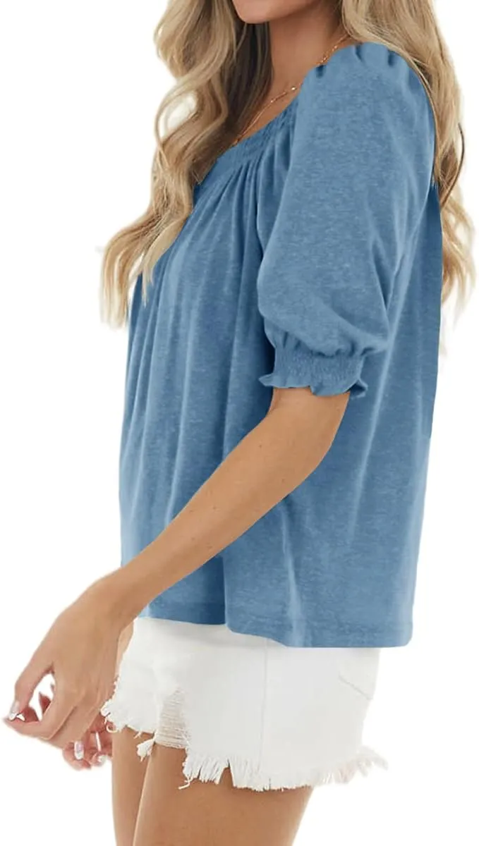 Womens Casual Square Neck Puff Half Sleeve Tops Pleated Loose Basic Summer T Shirts Blouses