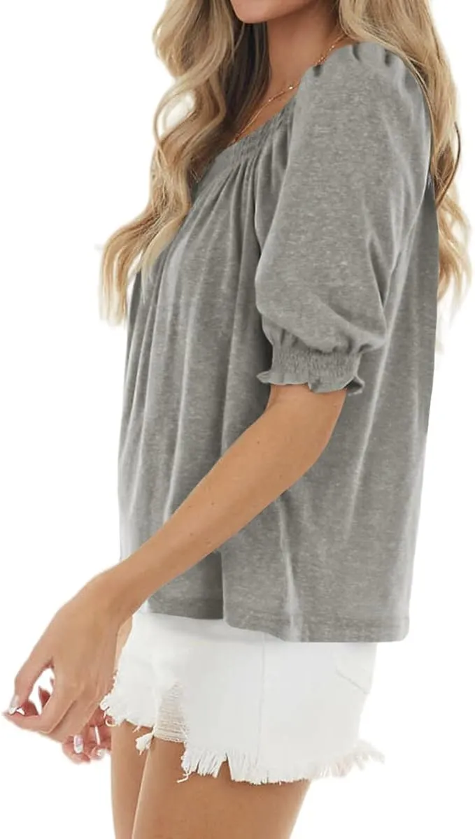 Womens Casual Square Neck Puff Half Sleeve Tops Pleated Loose Basic Summer T Shirts Blouses