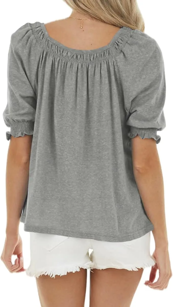 Womens Casual Square Neck Puff Half Sleeve Tops Pleated Loose Basic Summer T Shirts Blouses
