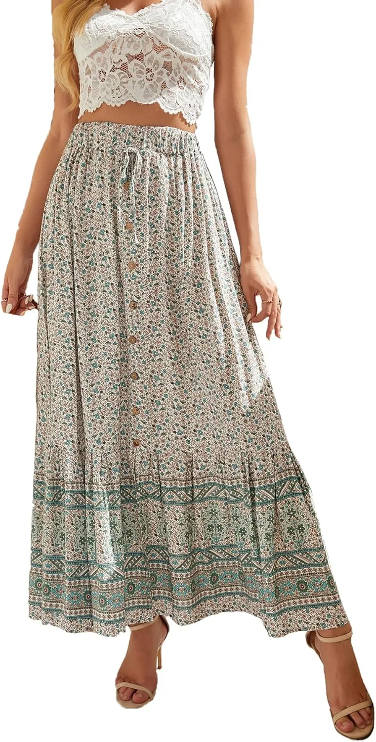 Women's Floral Boho Maxi Skirt Elastic High Waist Flowy A Line Bohemian Long Skirt