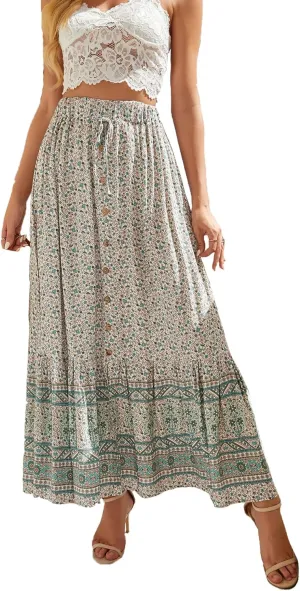 Women's Floral Boho Maxi Skirt Elastic High Waist Flowy A Line Bohemian Long Skirt