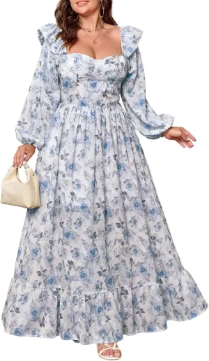 Women's Floral Puff Long Sleeve Maxi Dress Sexy Sweetheart Corset Boho Chiffon Flowy Smocked Long Dresses